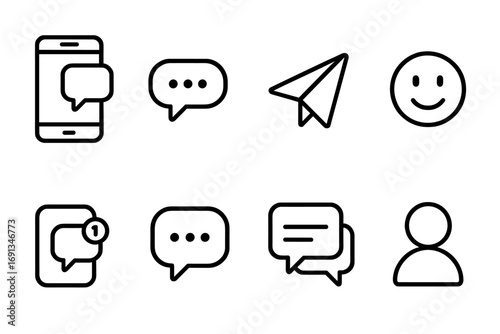 Communication Icon Set. Outline icon set of communication tools: smartphone, laptop, video call, email, chat bubble, microphone,