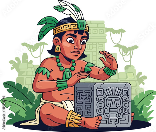 Cartoon illustration of a young Mayan man with a stone artifact.