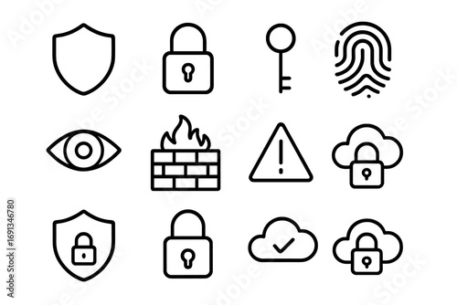 Cybersecurity Icon Set. Outline icon set of cybersecurity: shield, lock, key, fingerprint, eye, firewall,