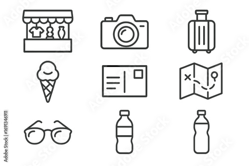 Tourist Shopping Icons. Outline icon set of tourist shopping street: souvenir stand, camera, luggage, ice