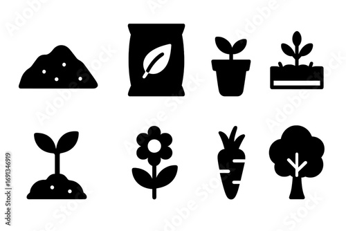 Compost Icons Set. Solid, filled icon set of compost end products: rich soil, fertilizer bag, plant pot, garden bed, sprout,