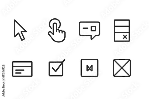 Comprehensive Icon Grid. Outline icon set of sweetheart: heart shape, love letter, cupid arrow, rose flower, kissing lips,
