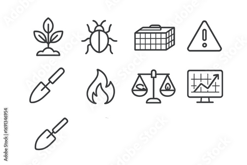 Invasive Species Icons. Outline icon set of invasive species management: invasive plant, pest insect, trap,
