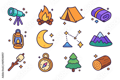 Colorful Camping Icons. Colorful isometric vector icons set of camping and stargazing: telescope, bonfire, tent, sleeping bag,
