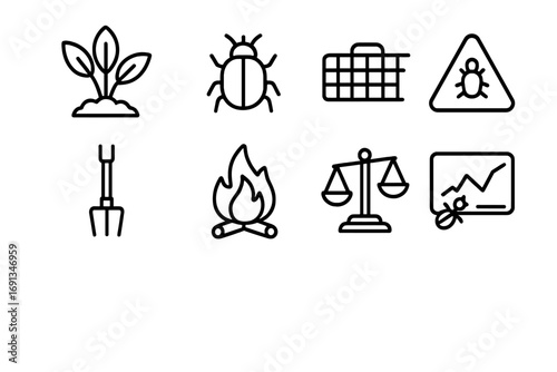 Invasive Species Icons. Outline icon set of invasive species management: invasive plant, pest insect, trap,