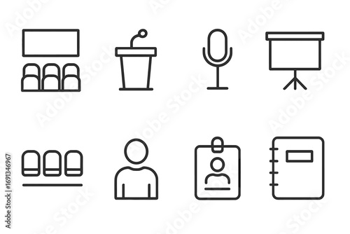 Conference Icons Set. Outline icon set of conference seating: auditorium, speaker podium, microphone, projection screen, seat row,