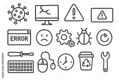 Computer Troubles Icons. Hand-drawn doodle illustration virus infection virus icon, broken computer screen, warning sign, error