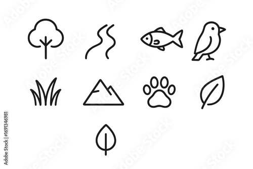 Ecosystem Icons Grid. Outline icon set of ecosystem protection: tree, river, fish, bird, grass, mountain, paw
