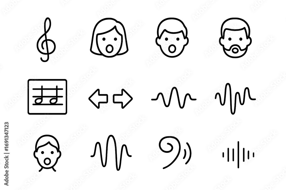 Vocal Harmony Icons. Outline icon set of vocal harmony: treble clef, soprano face, alto face, tenor face, bass