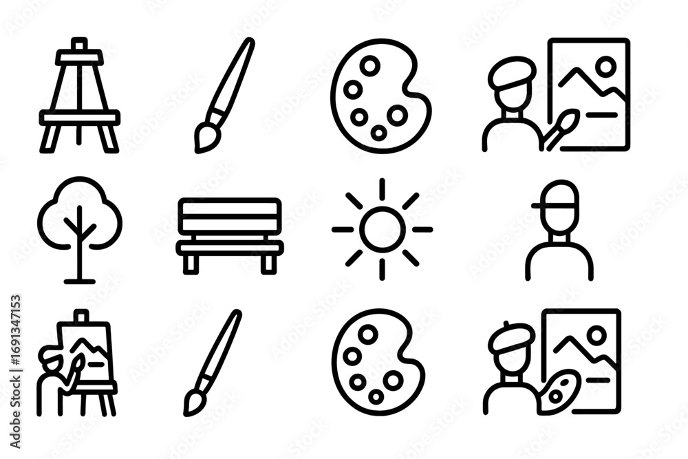 Fototapeta premium Art Icon Set. Outline icon set of artist painting a landscape in the park: easel, paintbrush, palette, canvas,