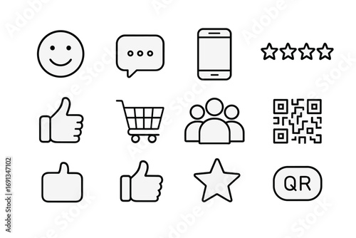 AR Engagement Icon Set. Outline icon set of AR customer engagement: smiley face, chat bubble, smartphone, star