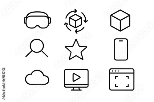 Immersive Product Icon Set. Outline icon set of immersive product experience: headset, arrows around item, 3D