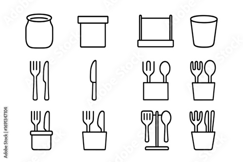Utensil Holder Icons. Outline icon set of countertop utensil holders: ceramic jar, wooden holder, metal stand,