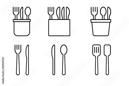 Utensil Holder Icons. Outline icon set of countertop utensil holders: ceramic jar, wooden holder, metal stand,