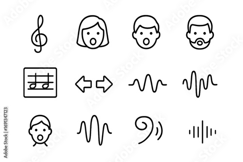 Vocal Harmony Icons. Outline icon set of vocal harmony: treble clef, soprano face, alto face, tenor face, bass