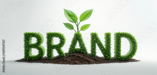 Sustainable growth brand concept with green letters, growing plant, and eco-friendly business development for future success.