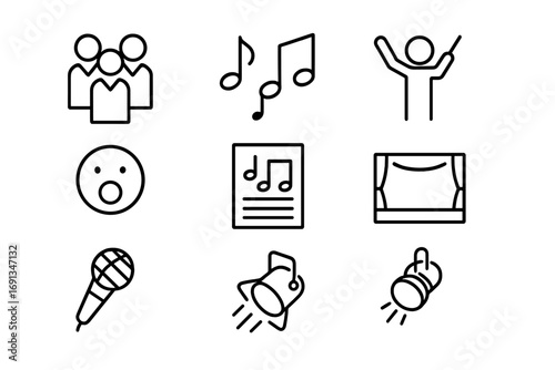 Choral Singing Icons. Outline icon set of choral singing: choir group, music notes, conductor, open mouth