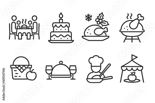 Cooking Event Icons. Outline icon set of cooking events and occasions: family dinner, birthday cake, holiday feast, barbecue,