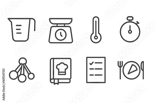 Cooking Measurement Icons. Outline icon set of cooking measurement: measuring cup, scale, thermometer, timer, measuring spoons,