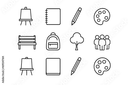 Wallpaper Mural Art Student Icons. Outline icon set of art students in the park: easel, notebook, pencil, palette, bench, Torontodigital.ca