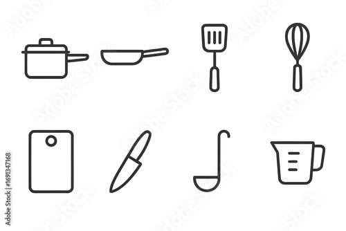 Cooking Utensil Icons. Outline icon set of cooking utensils: saucepan, frying pan, spatula, whisk, cutting board, knife, ladle,