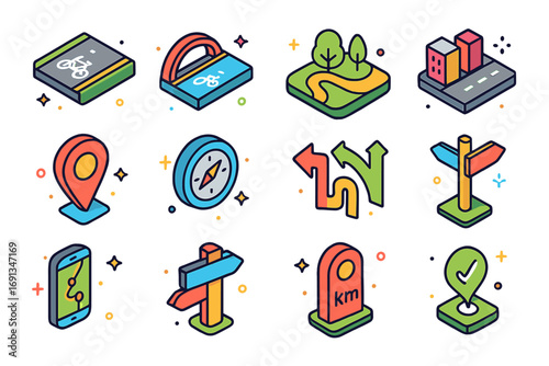 Colorful Cycling Icons. Colorful isometric vector icons set of cycling routes and navigation: bike lane, cycling bridge, park