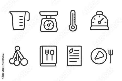 Cooking Measurement Icons. Outline icon set of cooking measurement: measuring cup, scale, thermometer, timer, measuring spoons,