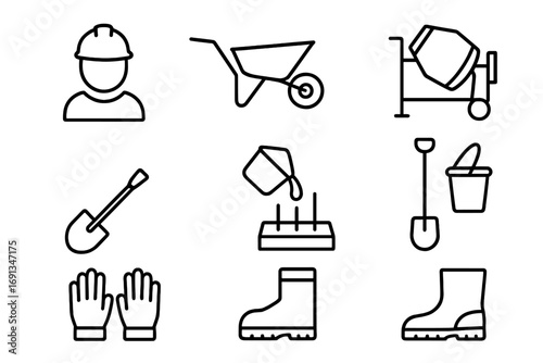 Concrete Work Tools Icons. Outline icon set of concrete workers pouring foundations: worker helmet,