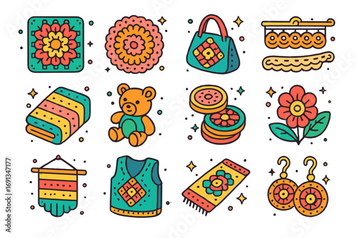Colorful Crochet Icon Set. Colorful isometric vector icons set of crochet creations: granny square, doily, crochet bag, lace trim,