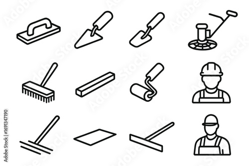 Concrete Tool Icons. Outline icon set of finishing concrete: float tool, trowel, joint cutter, polishing