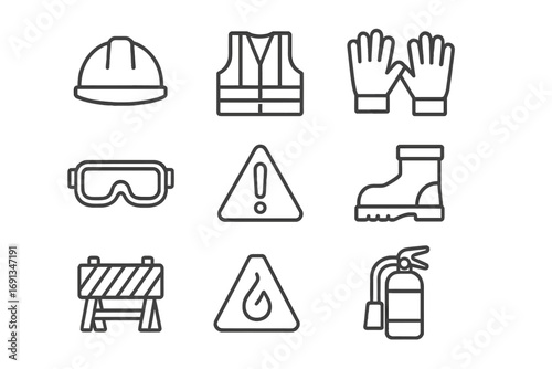 Construction Safety Icons. Outline icon set of safety at construction site: helmet, safety vest, gloves,