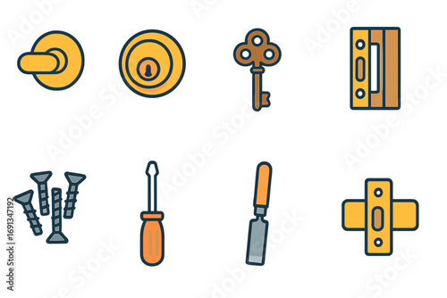 Colorful Door Hardware Icons. Flat vector mini-illustrations Installing decorative glass panel in colors children's illustrations:
