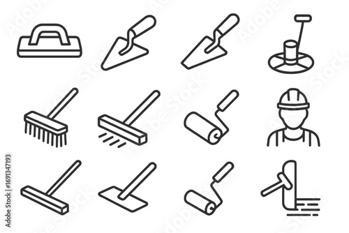 Concrete Tool Icons. Outline icon set of finishing concrete: float tool, trowel, joint cutter, polishing