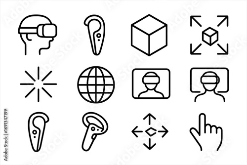 VR Icon Set. Outline icon set of VR headset experience: person with headset, controllers, 3D cube, arrows,