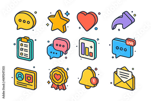 Colorful Engagement Icons. Colorful isometric vector icons set of user engagement tools: comment bubble, star review, like heart,