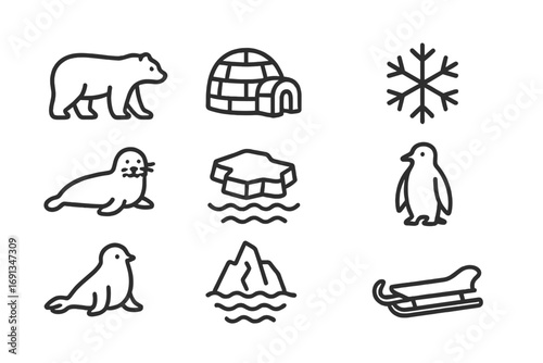 Arctic Icon Set. Outline icon set of arctic references: polar bear, igloo, ice floe, snowflake, seal, penguin,