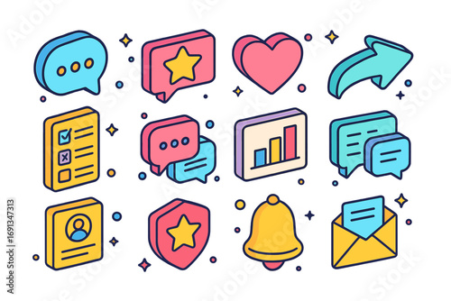 Colorful Engagement Icons. Colorful isometric vector icons set of user engagement tools: comment bubble, star review, like heart,