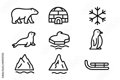 Arctic Icon Set. Outline icon set of arctic references: polar bear, igloo, ice floe, snowflake, seal, penguin,