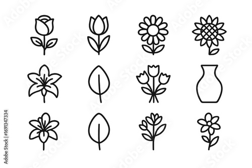 Floral Icons Set. Outline icon set of floral designs: rose, tulip, daisy, sunflower, lily, petal, bouquet,
