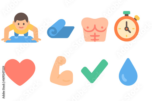 Colorful Exercise Icons. Flat vector mini-illustrations Wide grip push-up for chest in colors children's illustrations: person