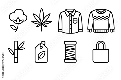Eco Fashion Icons. Outline icon set of eco-conscious fashion made from natural fibers: cotton plant, hemp leaf