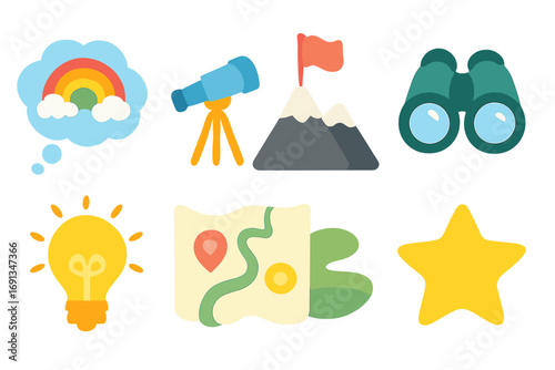 Colorful Exploration Icons. Flat vector mini-illustrations Visualization techniques in colors children's illustrations: thought