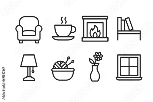 Cozy Home Icons. Outline icon set of aunt’s home and comfort: armchair, tea cup, fireplace, bookshelf, lamp, knitting basket,