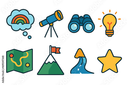 Colorful Exploration Icons. Flat vector mini-illustrations Visualization techniques in colors children's illustrations: thought