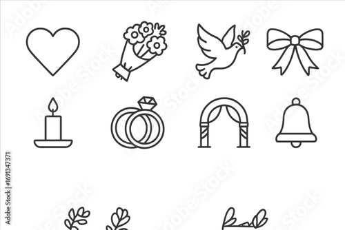 Wedding Icon Set. Outline icon set of wedding home decoration: heart, flower bouquet, dove, ribbon, candle,