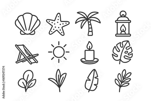 Summer Decor Icons. Outline icon set of summer home decor: seashell, starfish, palm tree, lantern, beach chair