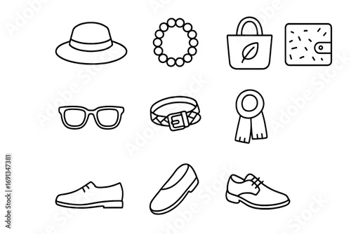 Eco-Friendly Icons Grid. Outline icon set of eco-friendly accessories: straw hat, wooden bracelet, hemp bag,