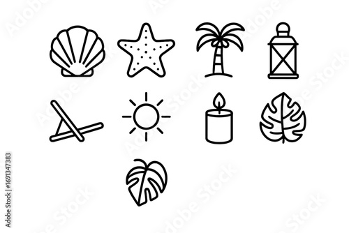 Summer Decor Icons. Outline icon set of summer home decor: seashell, starfish, palm tree, lantern, beach chair