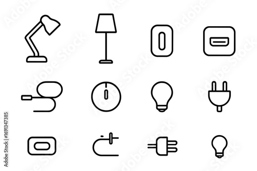 Lamp Switch Icons Grid. Outline icon set of floor and desk lamp switches: desk lamp, floor lamp, switch button