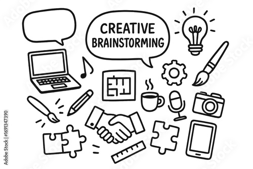 Creative Doodle Elements. Hand-drawn doodle illustration Creative brainstorming session speech bubbles, light bulb, laptop,